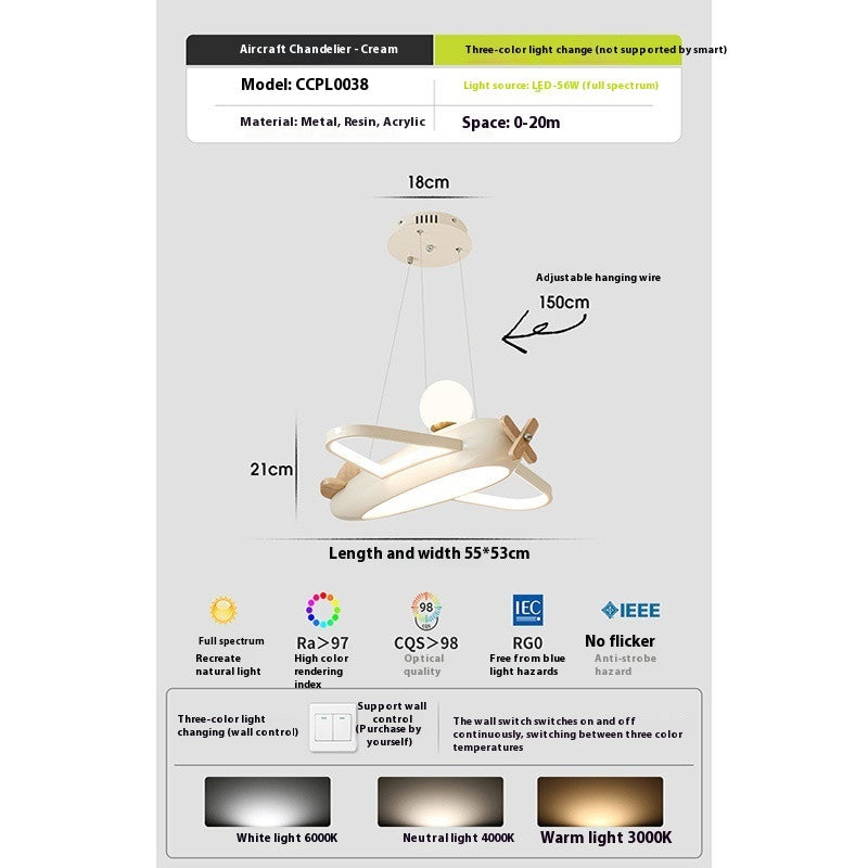 Children’s Aircraft Chandelier | Cream Style Kids Ceiling Light | LED Bedroom Pendant Lamp – 55CM (Cream & Sky Blue Options, 110V–240V)