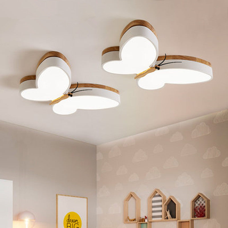 Nordic Butterfly LED Ceiling Lamp | Creative Wooden Bedroom Light with Remote Control | Eye Protection Cartoon Lamp – 50CM (White, Pink, Yellow, Tricolor Dimming, 220V)