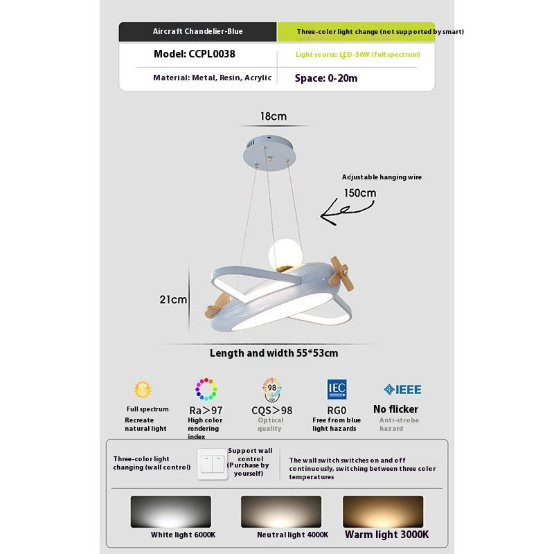Children’s Aircraft Chandelier | Cream Style Kids Ceiling Light | LED Bedroom Pendant Lamp – 55CM (Cream & Sky Blue Options, 110V–240V)