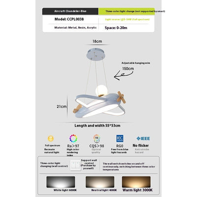 Children’s Aircraft Chandelier | Cream Style Kids Ceiling Light | LED Bedroom Pendant Lamp – 55CM (Cream & Sky Blue Options, 110V–240V)