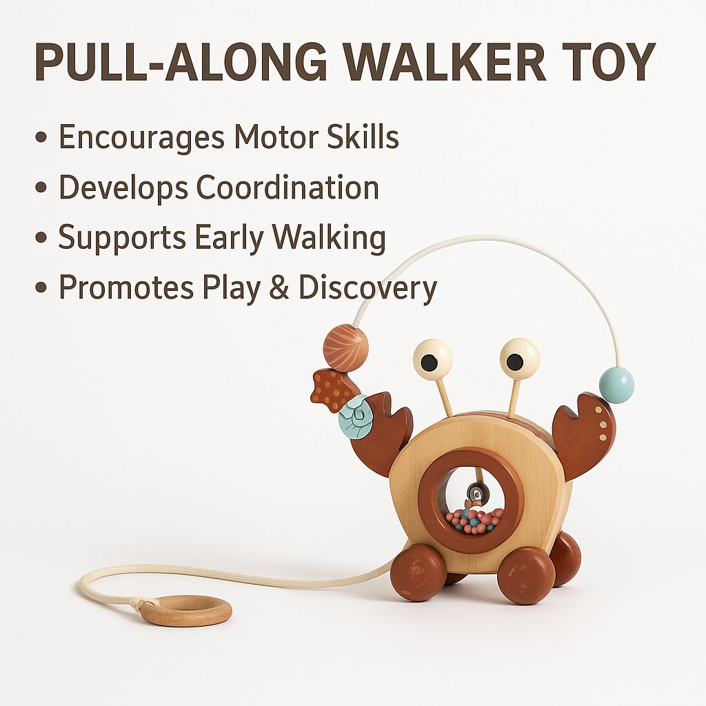 Brick Hues Wooden Pull-Along Crab Toy | Montessori Baby Walker with Bead Maze | Early Learning, Motor Skills & Coordination – Safe Toddler Toy UAE