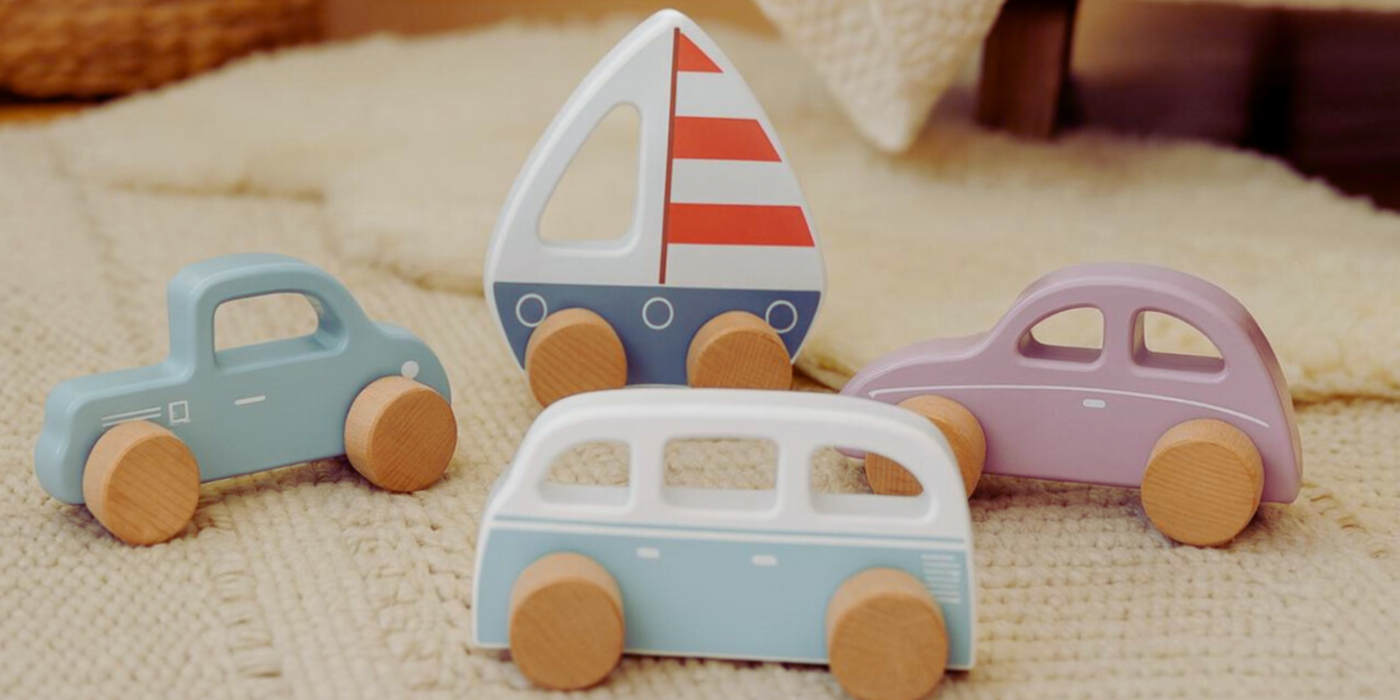 Brick Hues Montessori Wooden Car & Boat Toy Set | 4-Piece Eco-Friendly Baby & Toddler Vehicles – Safe, Non-Toxic, Early Learning Montessori Toys in UAE