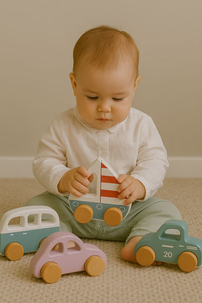 Brick Hues Montessori Wooden Car & Boat Toy Set | 4-Piece Eco-Friendly Baby & Toddler Vehicles – Safe, Non-Toxic, Early Learning Montessori Toys in UAE