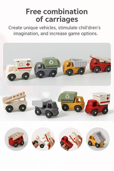 Brick Hues Montessori 4-in-1 Silicone & Wooden Car Set | Mix & Match Baby & Toddler Vehicles – Garbage Truck, Ambulance, Dump Truck & Fire Engine | Safe Montessori Toys UAE