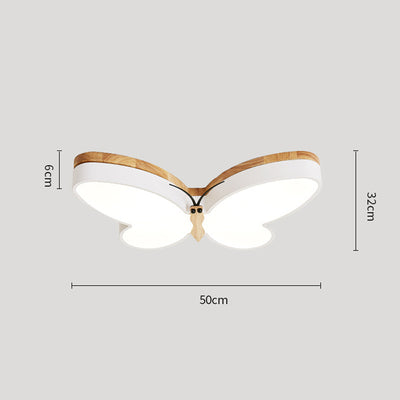 Nordic Butterfly LED Ceiling Lamp | Creative Wooden Bedroom Light with Remote Control | Eye Protection Cartoon Lamp – 50CM (White, Pink, Yellow, Tricolor Dimming, 220V)