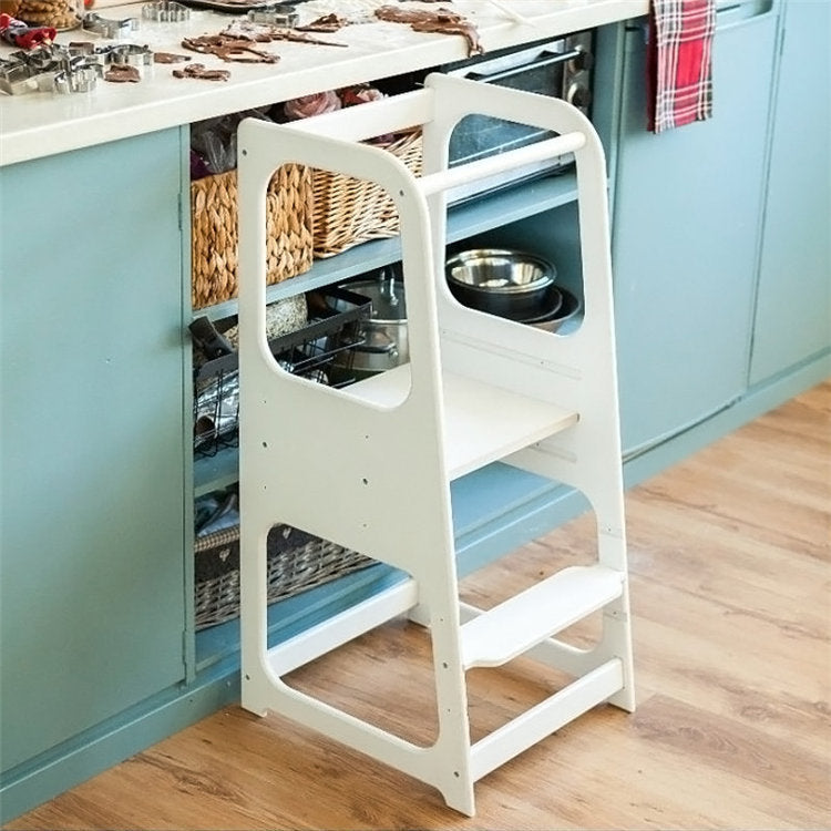 Montessori Learning Tower for Toddlers | Solid Wood Baby Step Stool with Safety Rail | Adjustable Kitchen Helper Tower – White, Gray & Natural Wood