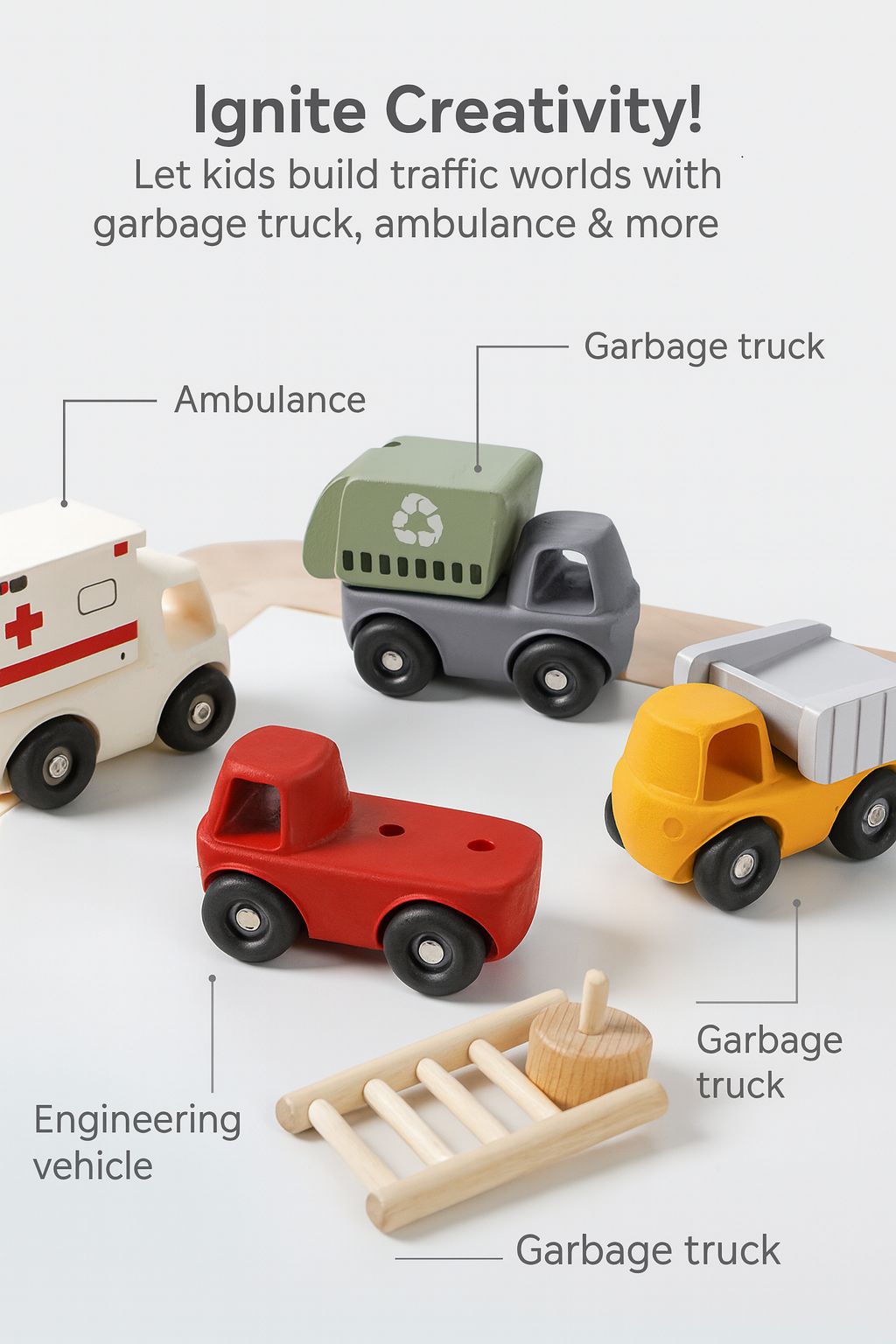 Brick Hues Montessori 4-in-1 Silicone & Wooden Car Set | Mix & Match Baby & Toddler Vehicles – Garbage Truck, Ambulance, Dump Truck & Fire Engine | Safe Montessori Toys UAE