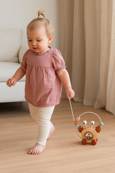 Brick Hues Wooden Pull-Along Crab Toy | Montessori Baby Walker with Bead Maze | Early Learning, Motor Skills & Coordination – Safe Toddler Toy UAE
