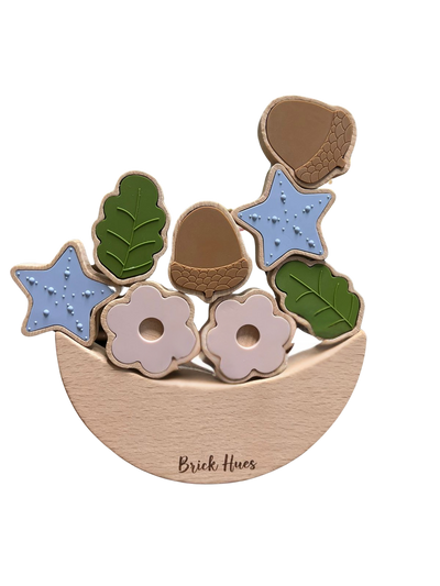 Acorns and Flower Stacker – Montessori Wooden & Silicone Toy for Toddlers | Open-Ended Stacking Toy for Sensory & Fine Motor Development