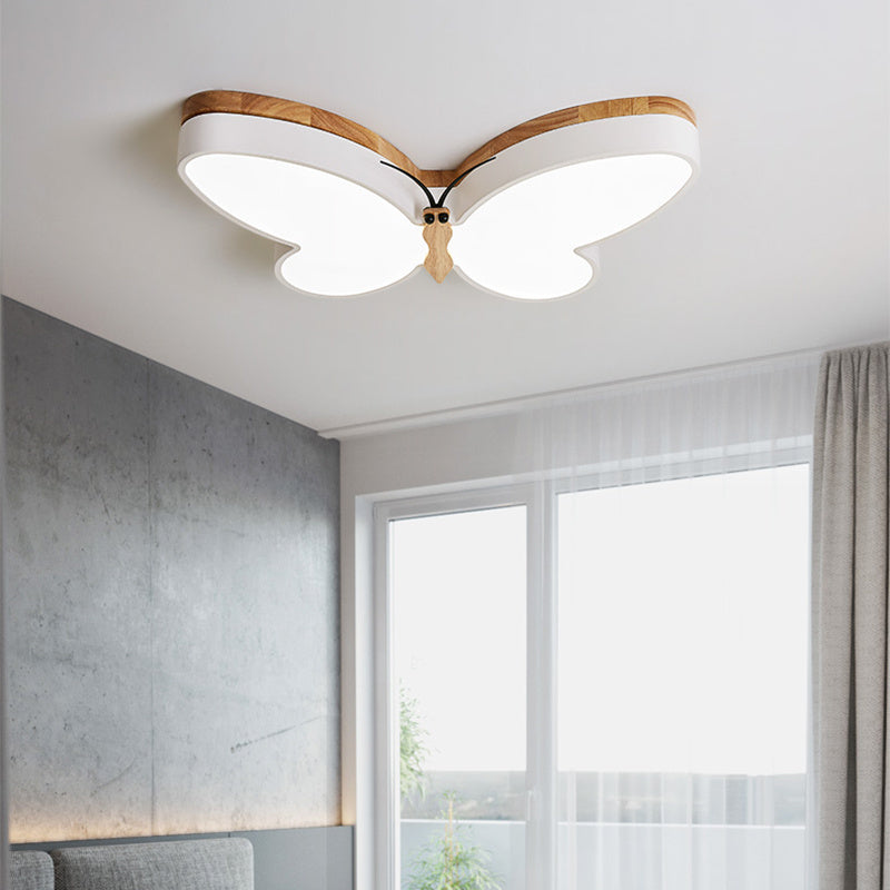 Nordic Butterfly LED Ceiling Lamp | Creative Wooden Bedroom Light with Remote Control | Eye Protection Cartoon Lamp – 50CM (White, Pink, Yellow, Tricolor Dimming, 220V)
