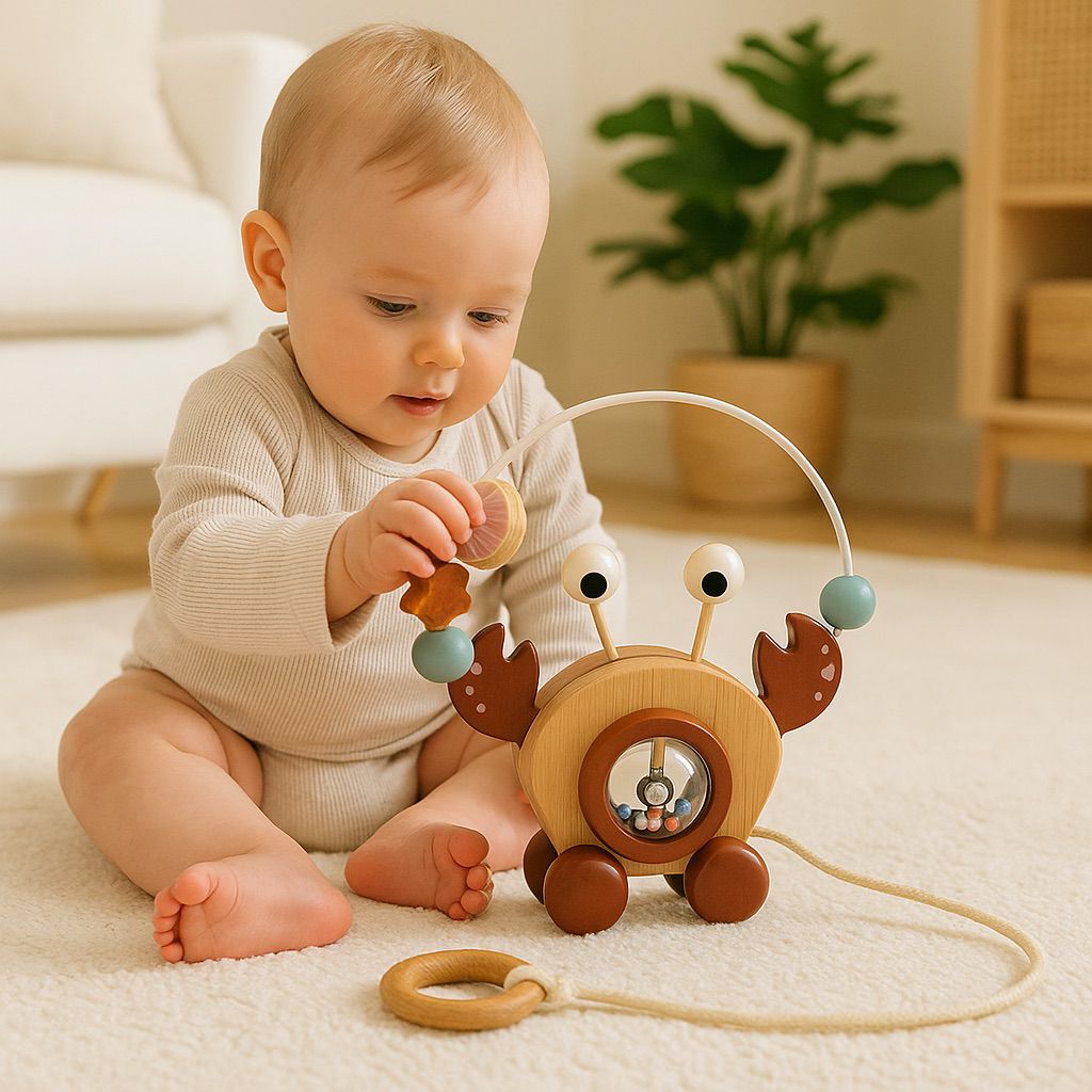 Brick Hues Wooden Pull-Along Crab Toy | Montessori Baby Walker with Bead Maze | Early Learning, Motor Skills & Coordination – Safe Toddler Toy UAE