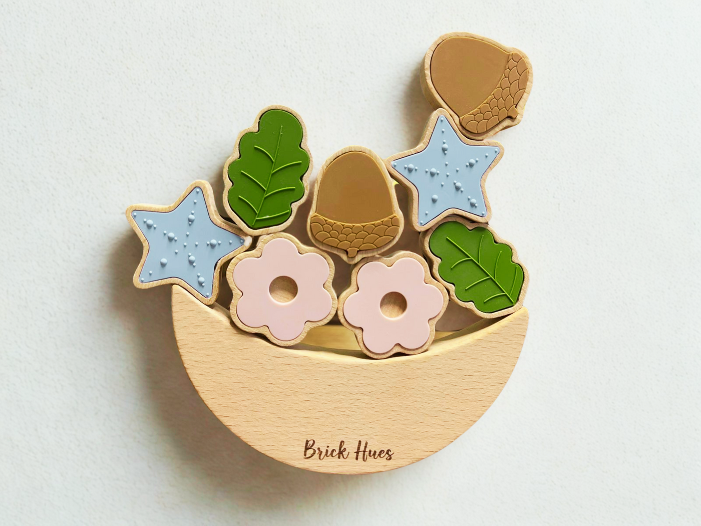 Acorns and Flower Stacker – Montessori Wooden & Silicone Toy for Toddlers | Open-Ended Stacking Toy for Sensory & Fine Motor Development