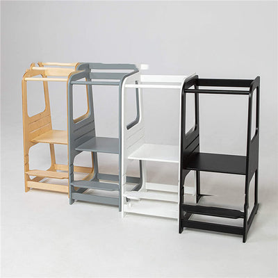 Montessori Learning Tower for Toddlers | Solid Wood Baby Step Stool with Safety Rail | Adjustable Kitchen Helper Tower – White, Gray & Natural Wood