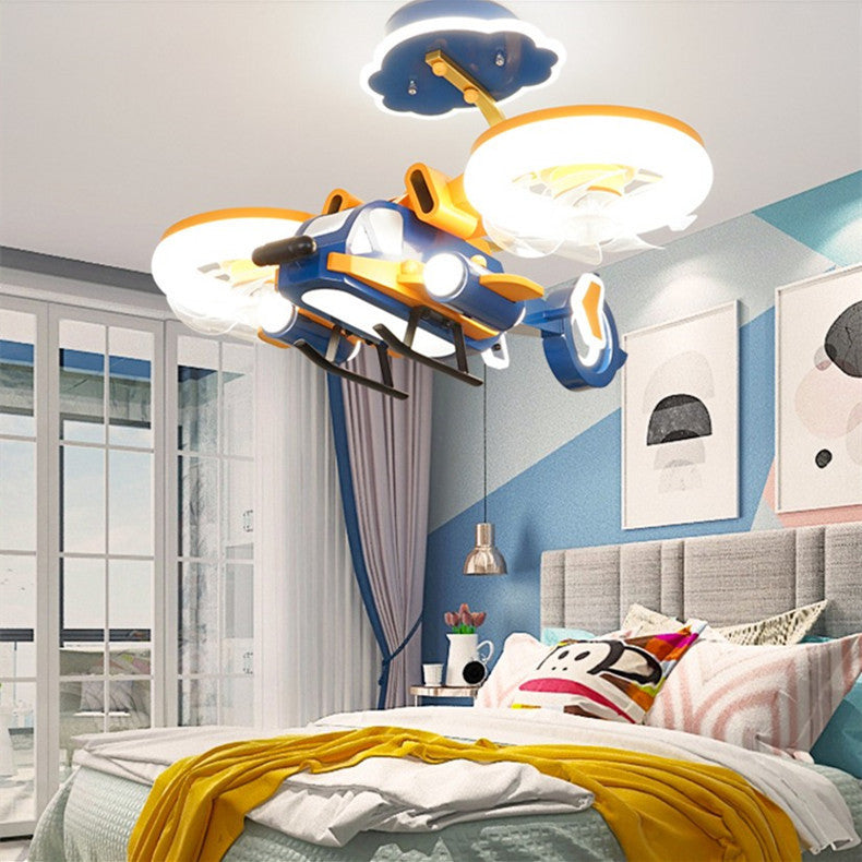 Smart Fighter Boy Ceiling Fan Light for Kids Room | Modern LED Fan Lamp with Remote Control | Metal & Acrylic Ceiling Light – 220V (Yellow & Blue)