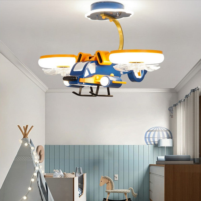 Smart Fighter Boy Ceiling Fan Light for Kids Room | Modern LED Fan Lamp with Remote Control | Metal & Acrylic Ceiling Light – 220V (Yellow & Blue)