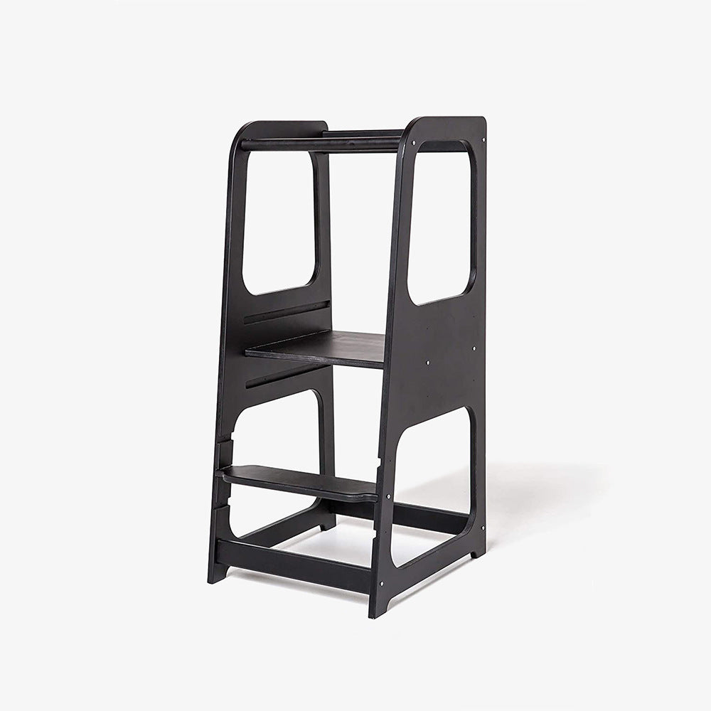 Montessori Learning Tower for Toddlers | Solid Wood Baby Step Stool with Safety Rail | Adjustable Kitchen Helper Tower – White, Gray & Natural Wood