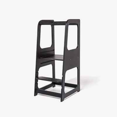 Montessori Learning Tower for Toddlers | Solid Wood Baby Step Stool with Safety Rail | Adjustable Kitchen Helper Tower – White, Gray & Natural Wood