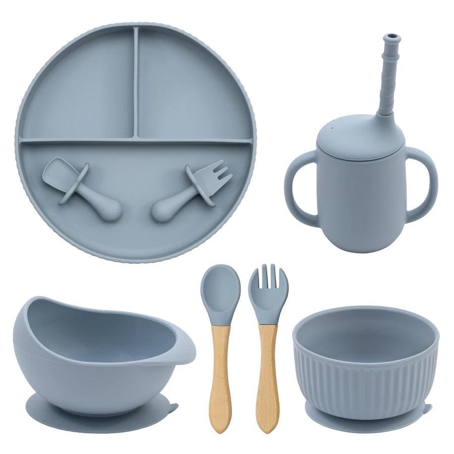 7-Piece Morandi Silicone Baby Feeding Set – BPA-Free Plate, Bowl, Spoon, Fork & Cup (6+ Months)
