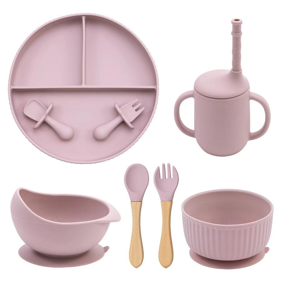7-Piece Morandi Silicone Baby Feeding Set – BPA-Free Plate, Bowl, Spoon, Fork & Cup (6+ Months)