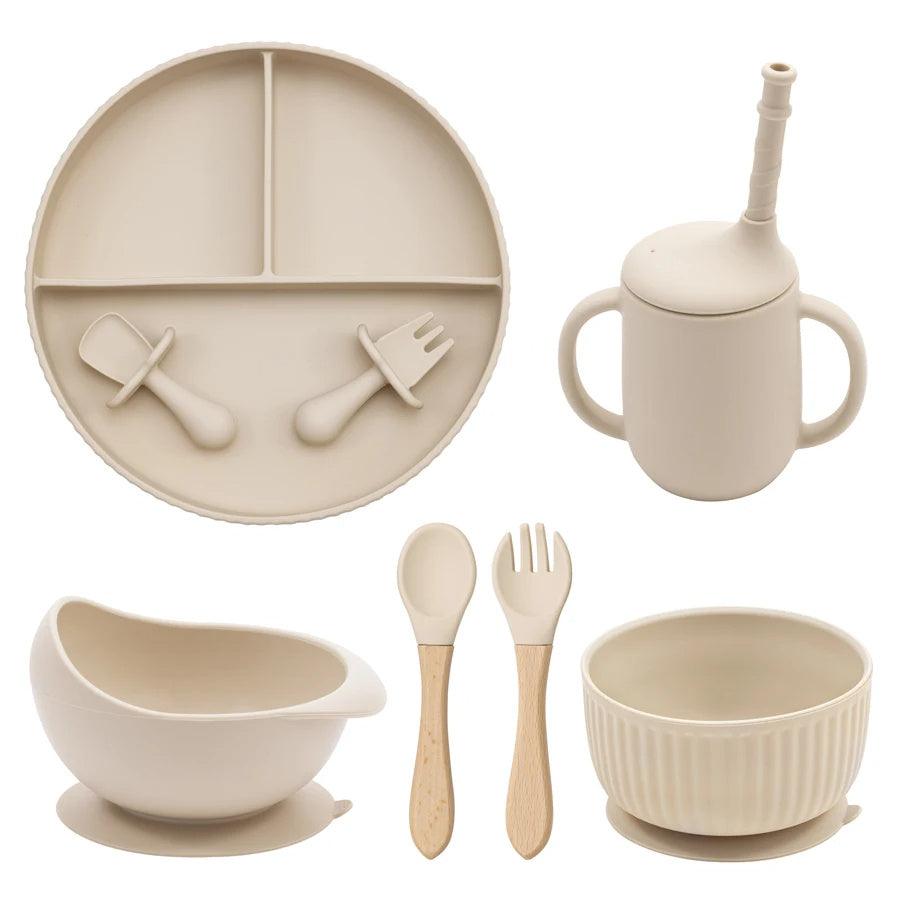 7-Piece Morandi Silicone Baby Feeding Set – BPA-Free Plate, Bowl, Spoon, Fork & Cup (6+ Months)
