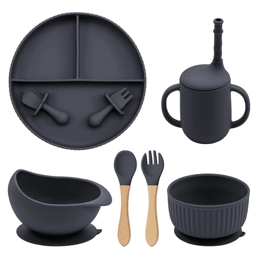 7-Piece Morandi Silicone Baby Feeding Set – BPA-Free Plate, Bowl, Spoon, Fork & Cup (6+ Months)