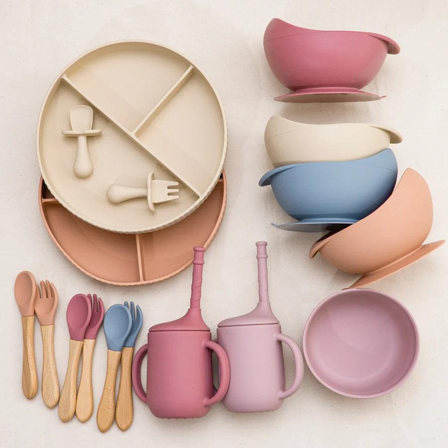 7-Piece Morandi Silicone Baby Feeding Set – BPA-Free Plate, Bowl, Spoon, Fork & Cup (6+ Months)
