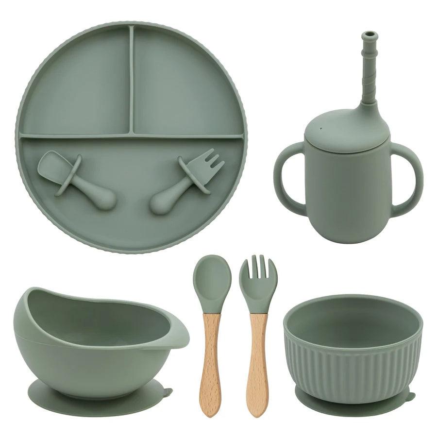 7-Piece Morandi Silicone Baby Feeding Set – BPA-Free Plate, Bowl, Spoon, Fork & Cup (6+ Months)