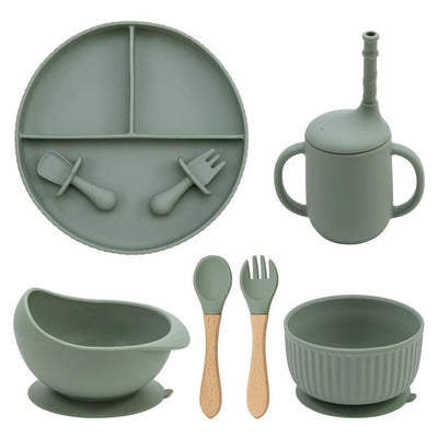 7-Piece Morandi Silicone Baby Feeding Set – BPA-Free Plate, Bowl, Spoon, Fork & Cup (6+ Months)