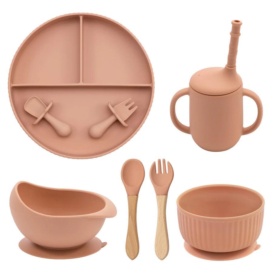 7-Piece Morandi Silicone Baby Feeding Set – BPA-Free Plate, Bowl, Spoon, Fork & Cup (6+ Months)