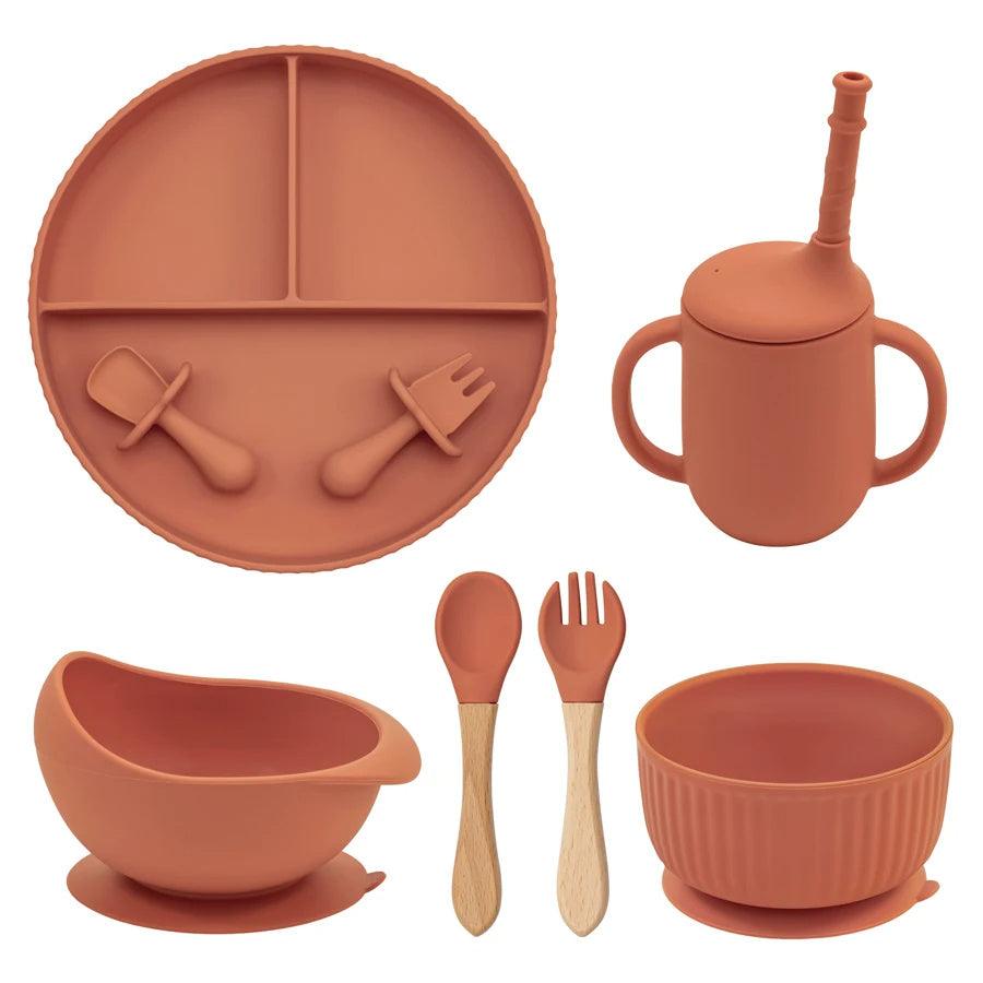 7-Piece Morandi Silicone Baby Feeding Set – BPA-Free Plate, Bowl, Spoon, Fork & Cup (6+ Months)