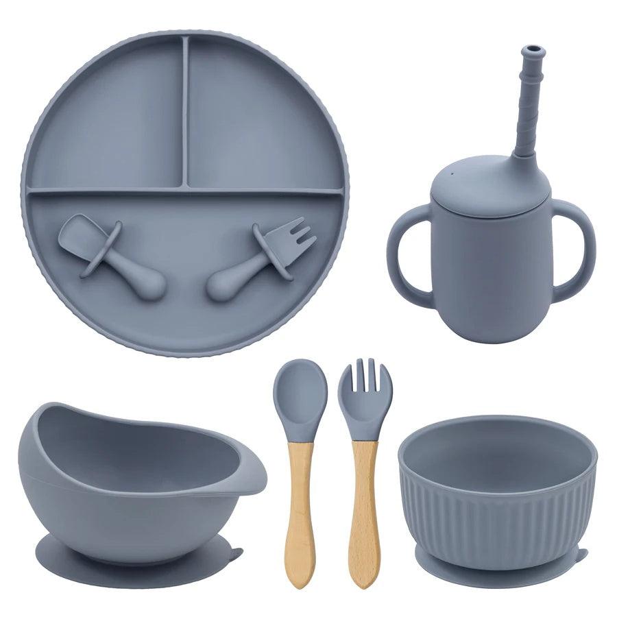 7-Piece Morandi Silicone Baby Feeding Set – BPA-Free Plate, Bowl, Spoon, Fork & Cup (6+ Months)
