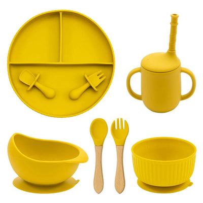 7-Piece Morandi Silicone Baby Feeding Set – BPA-Free Plate, Bowl, Spoon, Fork & Cup (6+ Months)
