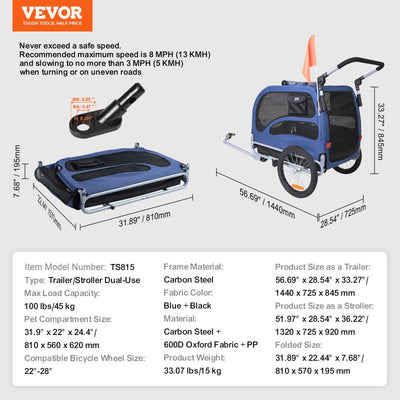 2-in-1 Pet Stroller Cart Bicycle Carrier, Easy Folding Cart Frame With Quick Release Wheels, Universal Bicycle Coupler, Reflectors, Flag, Blue Black