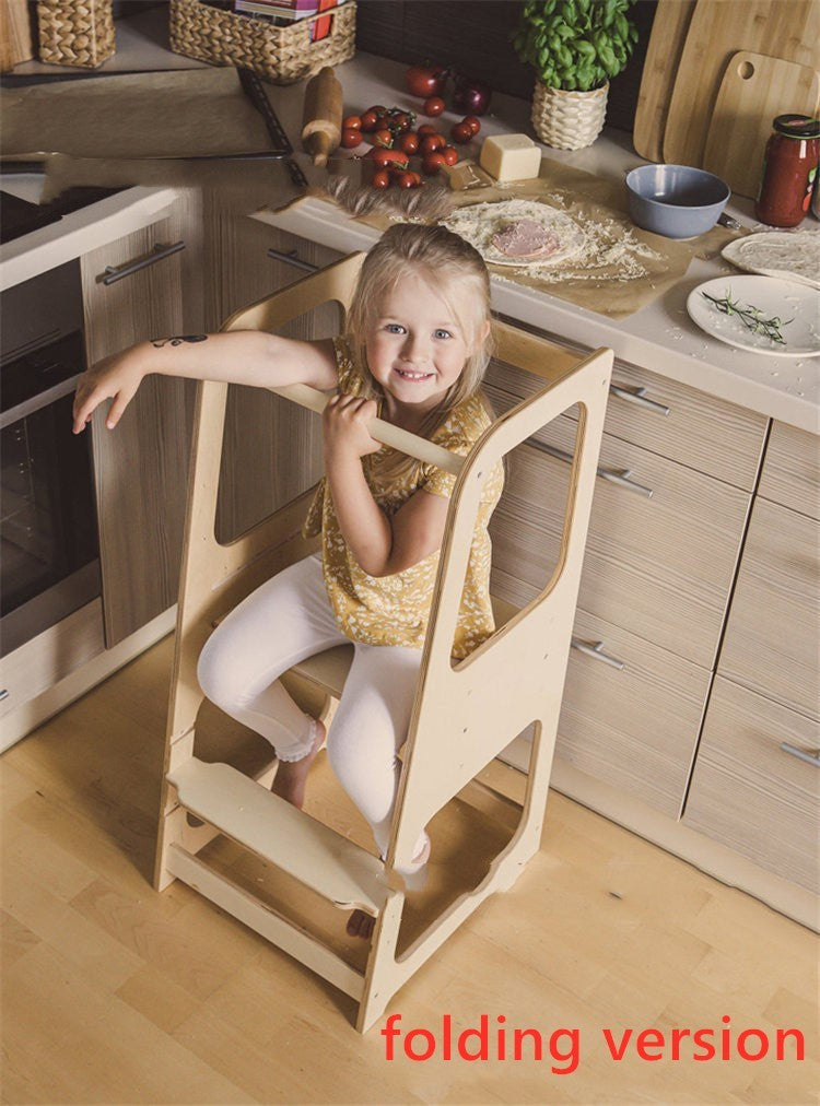 Montessori Learning Tower for Toddlers | Solid Wood Baby Step Stool with Safety Rail | Adjustable Kitchen Helper Tower – White, Gray & Natural Wood