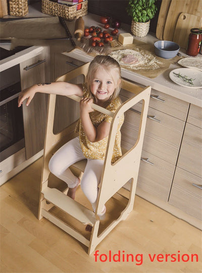 Montessori Learning Tower for Toddlers | Solid Wood Baby Step Stool with Safety Rail | Adjustable Kitchen Helper Tower – White, Gray & Natural Wood