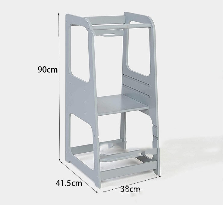 Montessori Learning Tower for Toddlers | Solid Wood Baby Step Stool with Safety Rail | Adjustable Kitchen Helper Tower – White, Gray & Natural Wood