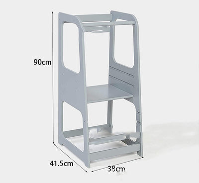 Montessori Learning Tower for Toddlers | Solid Wood Baby Step Stool with Safety Rail | Adjustable Kitchen Helper Tower – White, Gray & Natural Wood