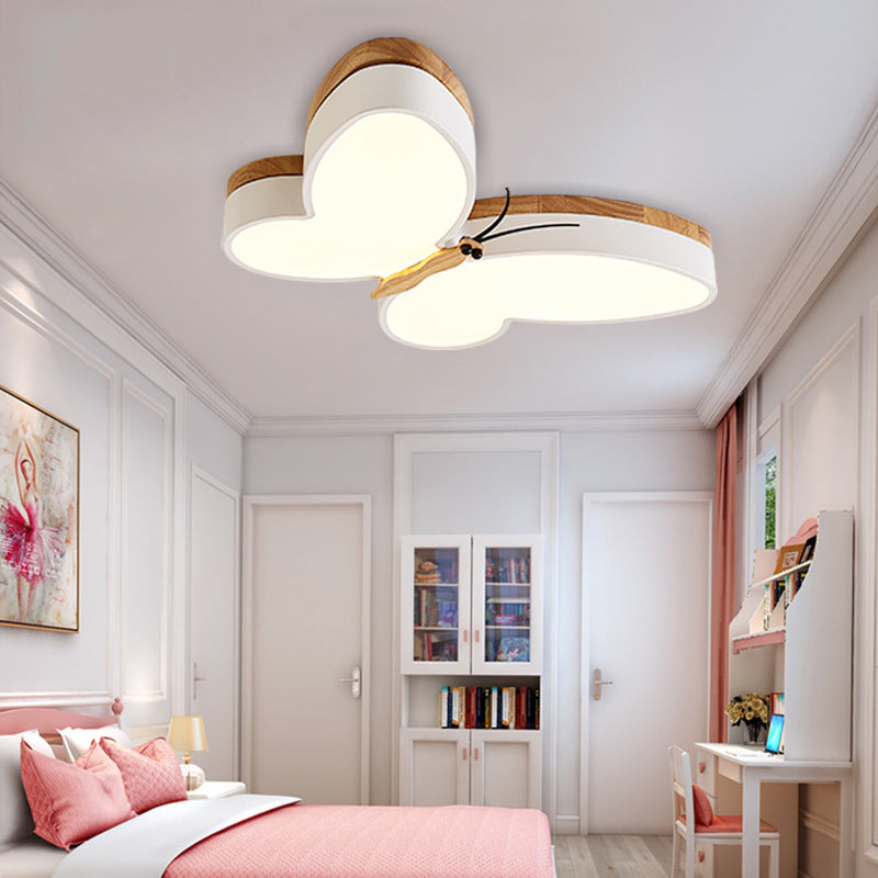 Nordic Butterfly LED Ceiling Lamp | Creative Wooden Bedroom Light with Remote Control | Eye Protection Cartoon Lamp – 50CM (White, Pink, Yellow, Tricolor Dimming, 220V)