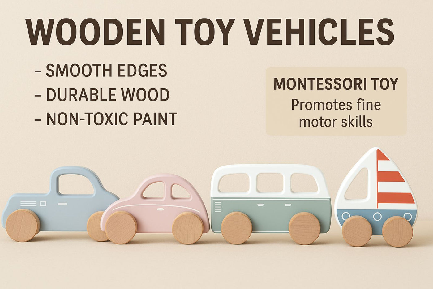 Brick Hues Montessori Wooden Car & Boat Toy Set | 4-Piece Eco-Friendly Baby & Toddler Vehicles – Safe, Non-Toxic, Early Learning Montessori Toys in UAE