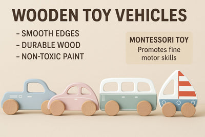 Brick Hues Montessori Wooden Car & Boat Toy Set | 4-Piece Eco-Friendly Baby & Toddler Vehicles – Safe, Non-Toxic, Early Learning Montessori Toys in UAE