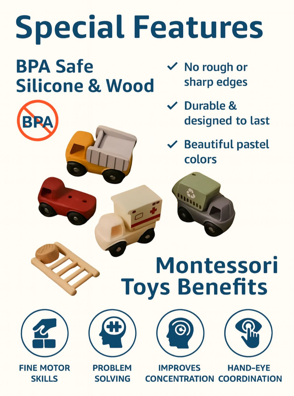 Brick Hues Montessori 4-in-1 Silicone & Wooden Car Set | Mix & Match Baby & Toddler Vehicles – Garbage Truck, Ambulance, Dump Truck & Fire Engine | Safe Montessori Toys UAE