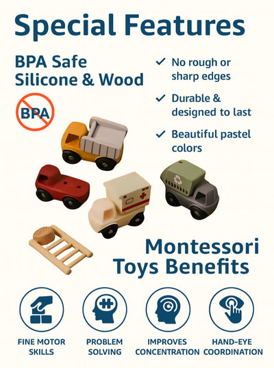 Brick Hues Montessori 4-in-1 Silicone & Wooden Car Set | Mix & Match Baby & Toddler Vehicles – Garbage Truck, Ambulance, Dump Truck & Fire Engine | Safe Montessori Toys UAE