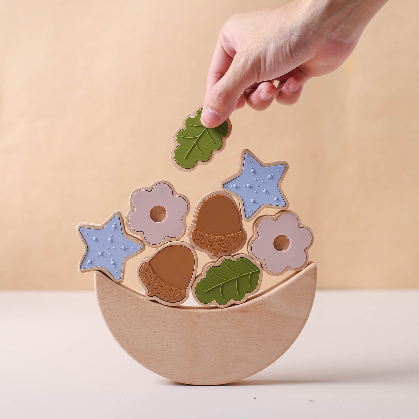 Acorns and Flower Stacker – Montessori Wooden & Silicone Toy for Toddlers | Open-Ended Stacking Toy for Sensory & Fine Motor Development