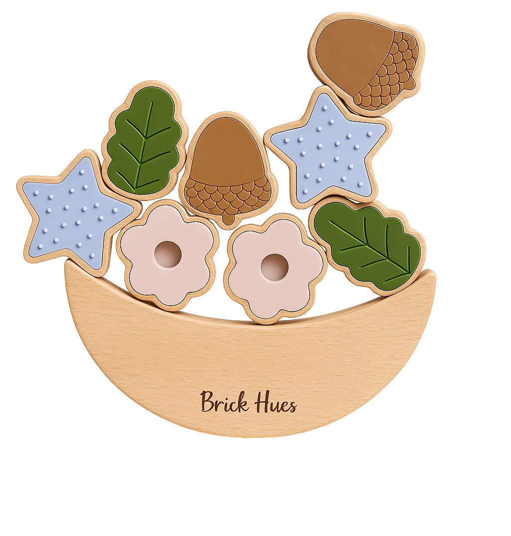 Acorns and Flower Stacker – Montessori Wooden & Silicone Toy for Toddlers | Open-Ended Stacking Toy for Sensory & Fine Motor Development