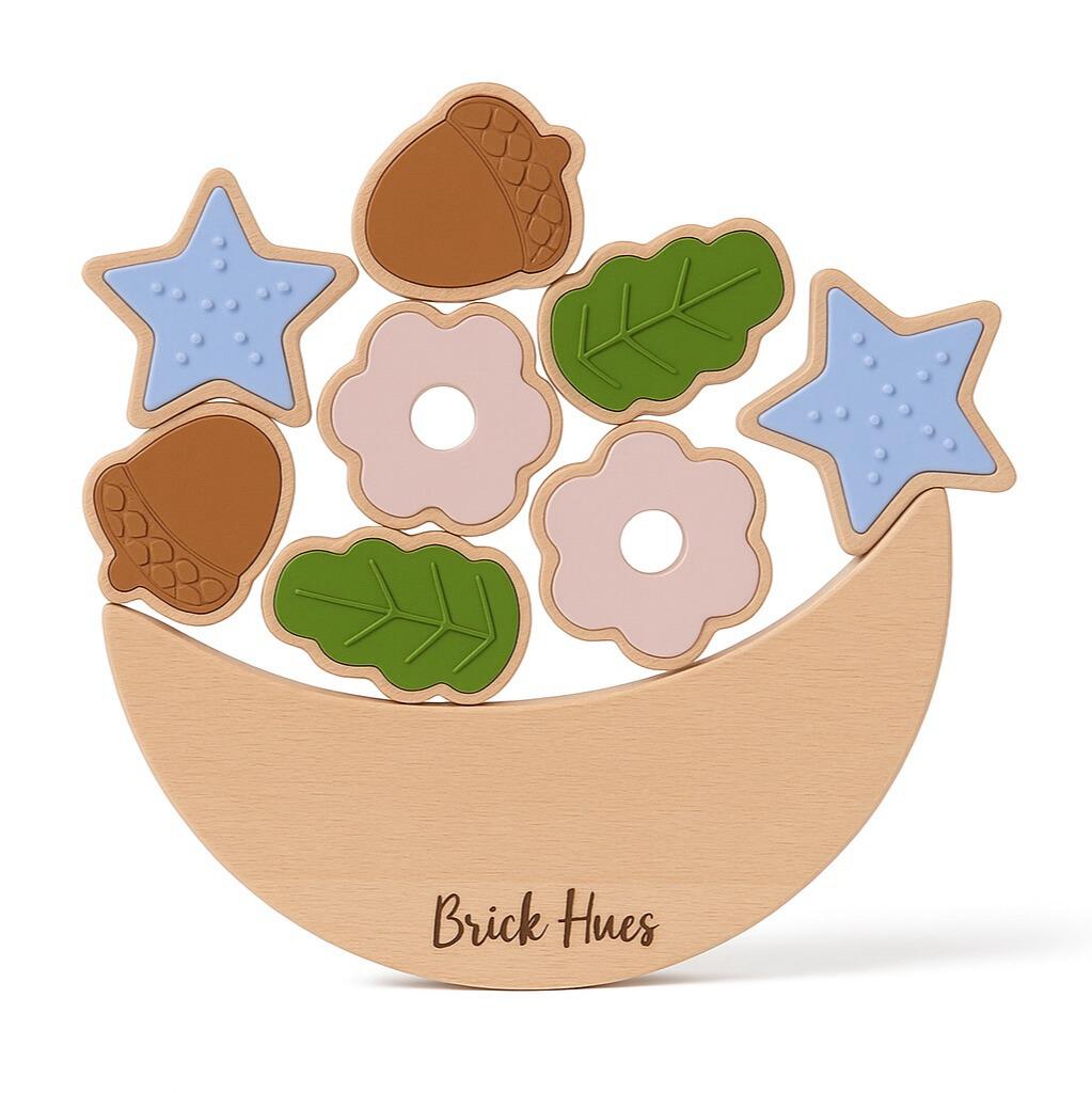Acorns and Flower Stacker – Montessori Wooden & Silicone Toy for Toddlers | Open-Ended Stacking Toy for Sensory & Fine Motor Development