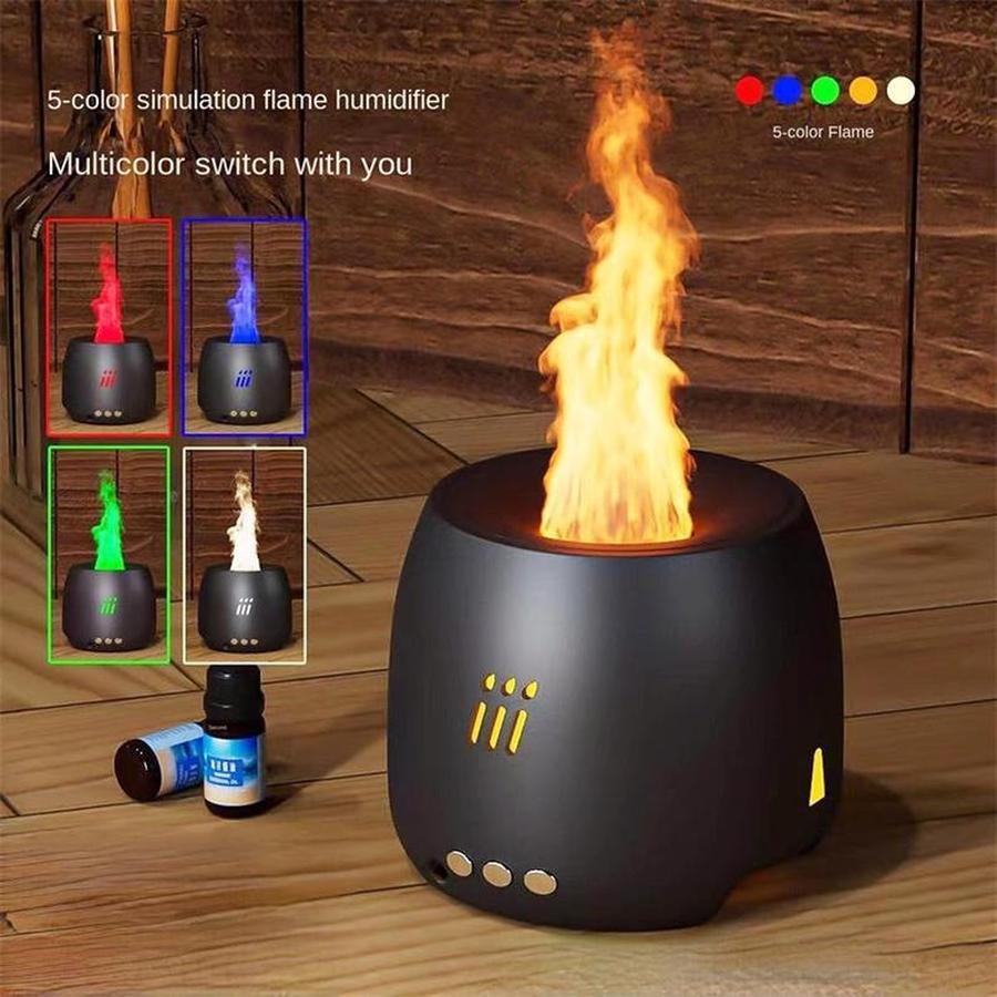 Aromatherapy Flame Diffuser – 5/7 Color LED Light Cool Mist Humidifier with Remote Control & Auto Shut-Off (USB Powered, 0.5L)