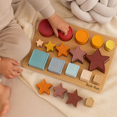 Brick Hues – Montessori Silicone Stacker, Shape Sorter & Puzzle (12 Months+)