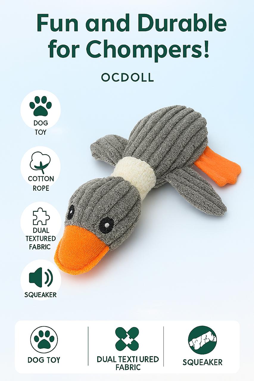 Brick Hues Plush Duck Squeaky Dog Toy – Durable Chew, Fetch & Teething Toy for Puppies, Small, Medium & Large Dogs | Soft, Safe, Non-Toxic, Washable Interactive Pet Toy (Grey)