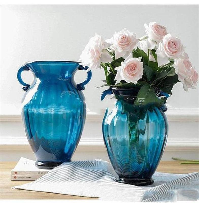 European Creative Blue Binaural Glass Vase Transparent