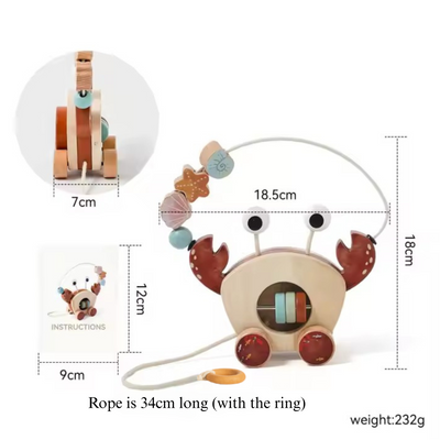 Brick Hues Wooden Pull-Along Crab Toy | Montessori Baby Walker with Bead Maze | Early Learning, Motor Skills & Coordination – Safe Toddler Toy UAE
